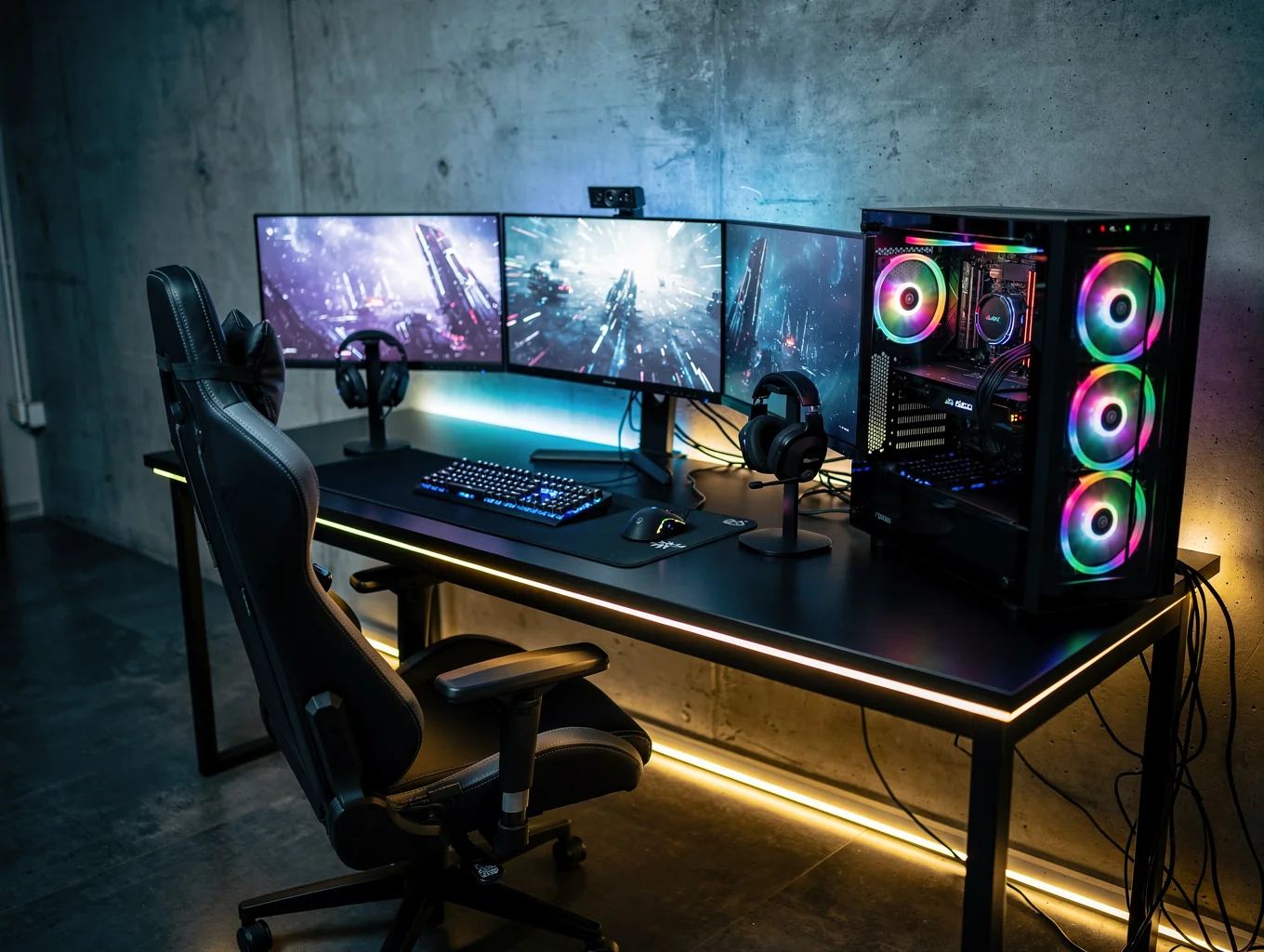 Matériel gaming illuminé dans une atmosphère sombre