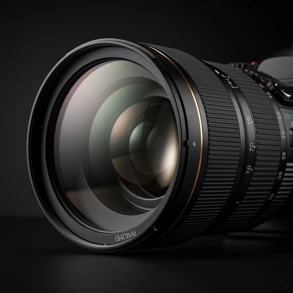 Objectif photo professionnel reflétant la lumière de studio