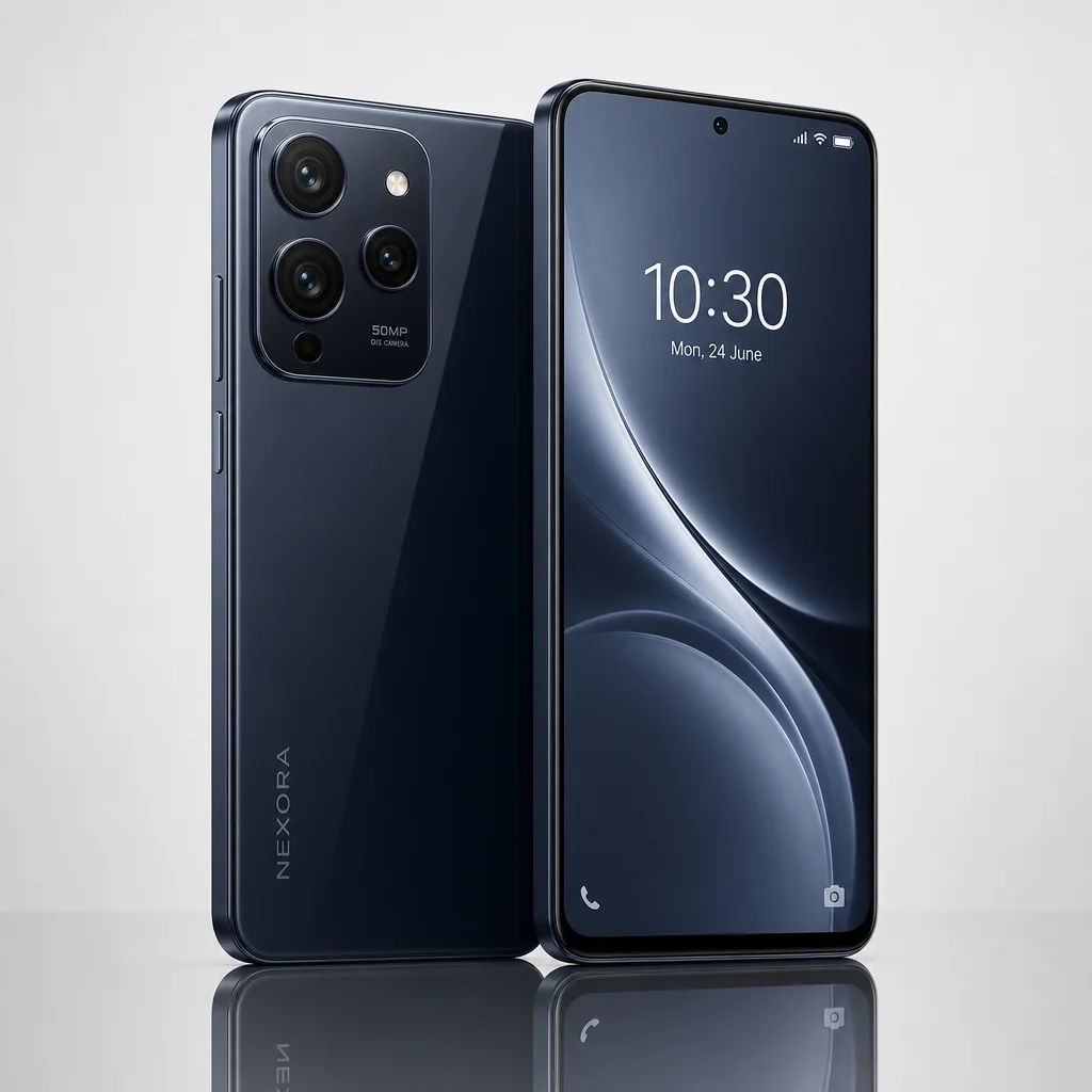 Smartphone haut de gamme en verre sombre reposant sur une surface mate
