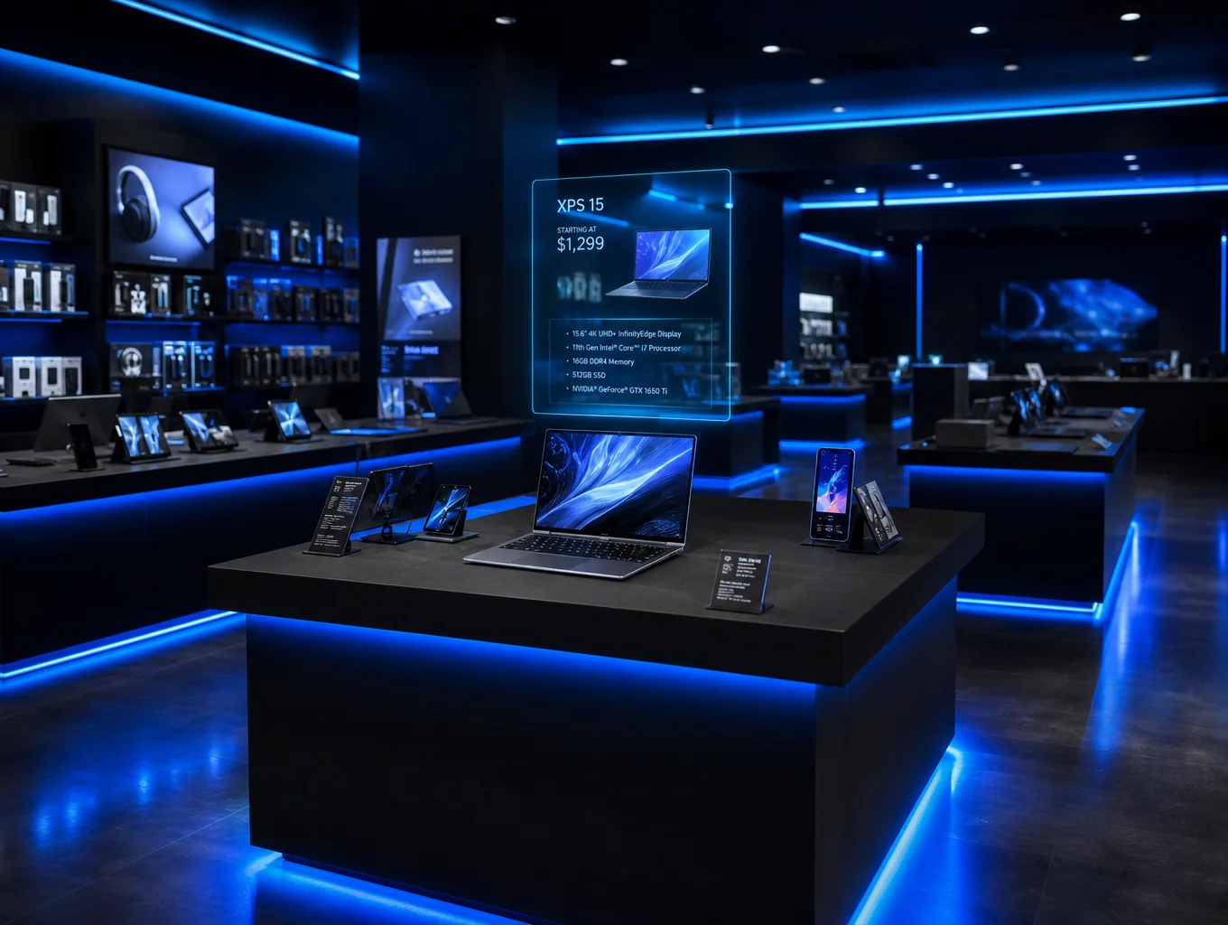 Showroom Norevyass haut de gamme avec présentoirs technologiques soigneusement agencés