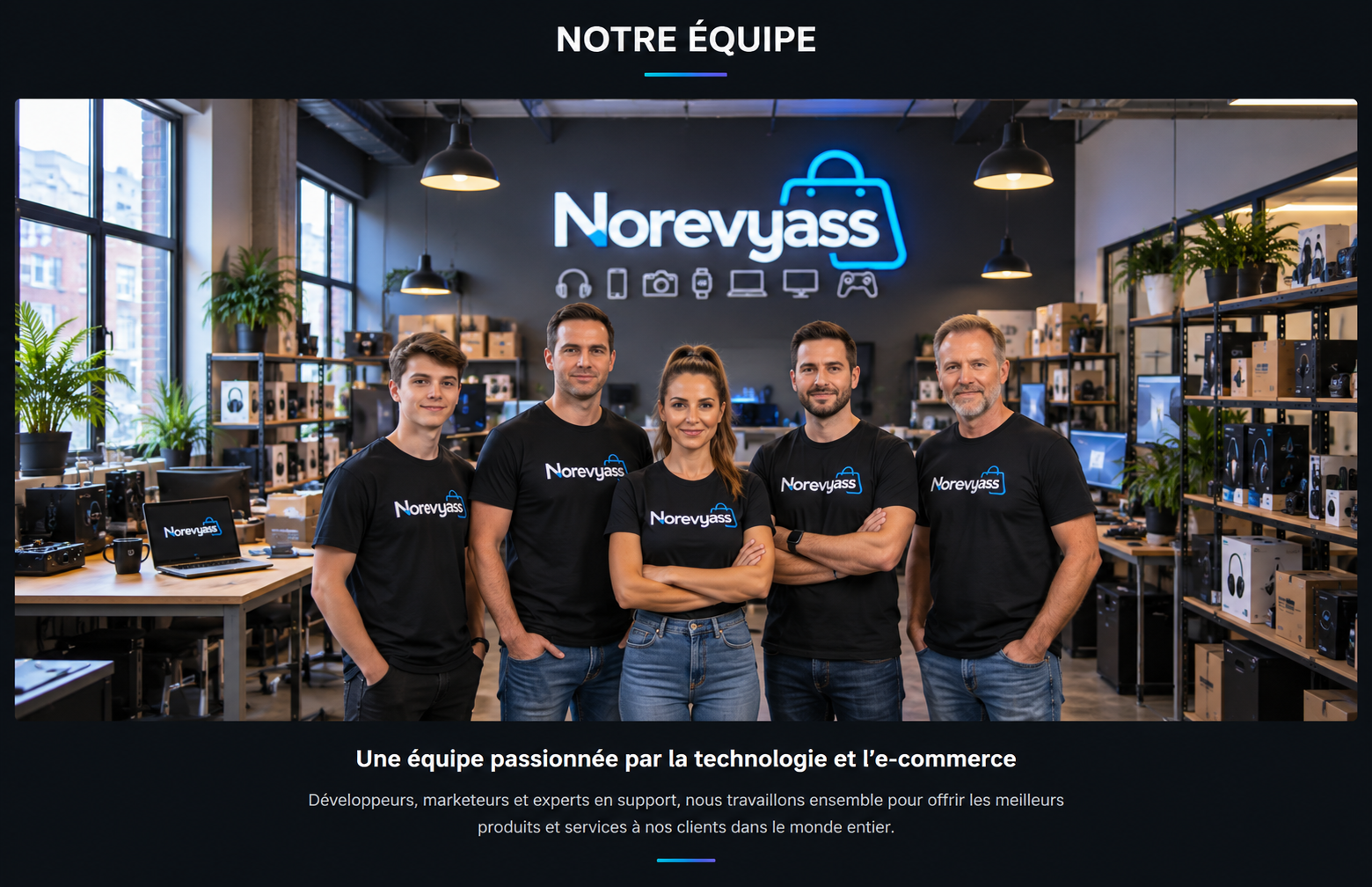 Membres de l'équipe Norevyass réunis dans un espace de travail technologique contemporain